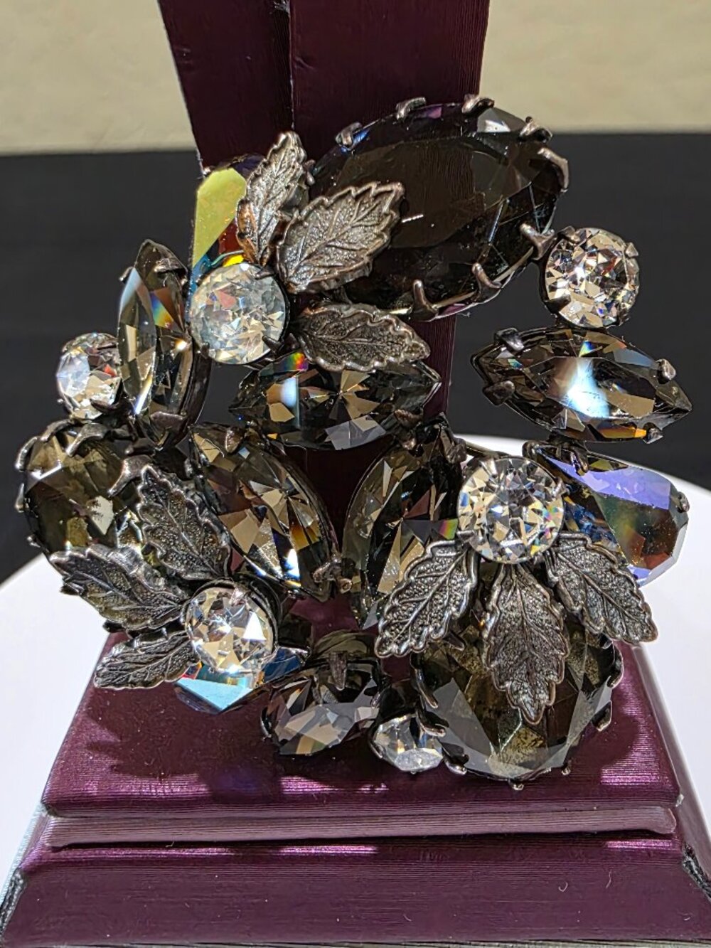 Vintage Regency Signed Smoky Quartz Grey Rhinestone Cluster Leaf Brooch Pin